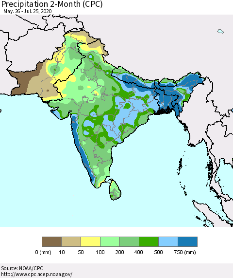 Southern Asia Precipitation 2-Month (CPC) Thematic Map For 5/26/2020 - 7/25/2020