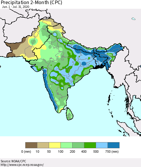 Southern Asia Precipitation 2-Month (CPC) Thematic Map For 6/1/2020 - 7/31/2020