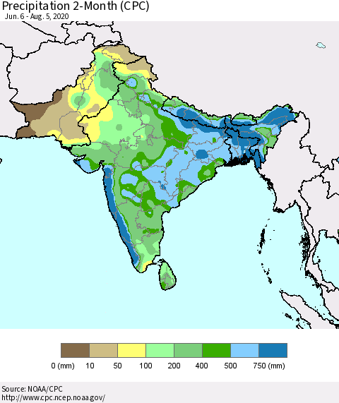Southern Asia Precipitation 2-Month (CPC) Thematic Map For 6/6/2020 - 8/5/2020