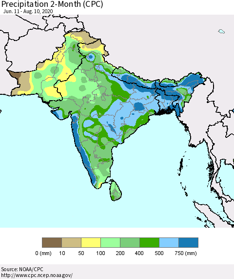 Southern Asia Precipitation 2-Month (CPC) Thematic Map For 6/11/2020 - 8/10/2020
