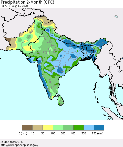 Southern Asia Precipitation 2-Month (CPC) Thematic Map For 6/16/2020 - 8/15/2020