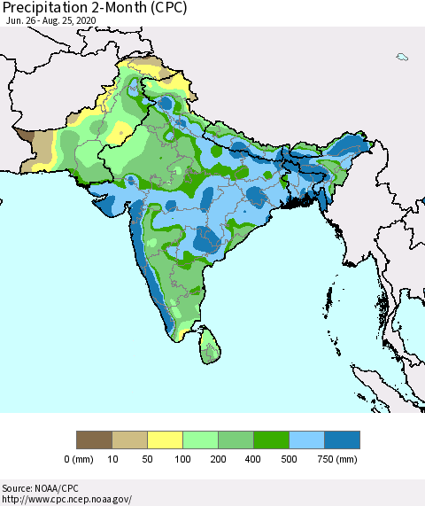 Southern Asia Precipitation 2-Month (CPC) Thematic Map For 6/26/2020 - 8/25/2020