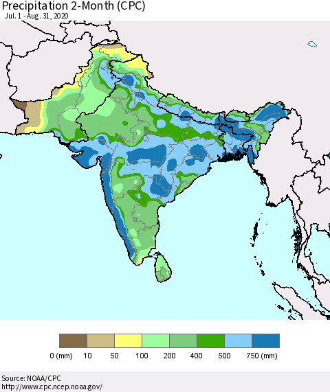 Southern Asia Precipitation 2-Month (CPC) Thematic Map For 7/1/2020 - 8/31/2020