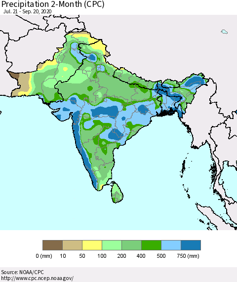 Southern Asia Precipitation 2-Month (CPC) Thematic Map For 7/21/2020 - 9/20/2020