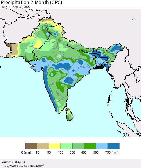 Southern Asia Precipitation 2-Month (CPC) Thematic Map For 8/1/2020 - 9/30/2020