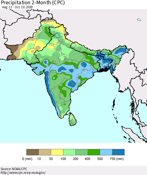 Southern Asia Precipitation 2-Month (CPC) Thematic Map For 8/11/2020 - 10/10/2020