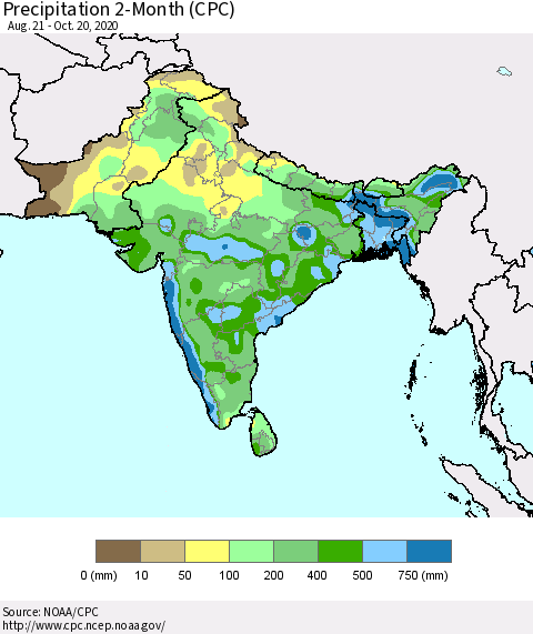Southern Asia Precipitation 2-Month (CPC) Thematic Map For 8/21/2020 - 10/20/2020