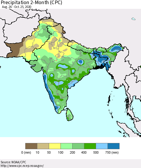 Southern Asia Precipitation 2-Month (CPC) Thematic Map For 8/26/2020 - 10/25/2020