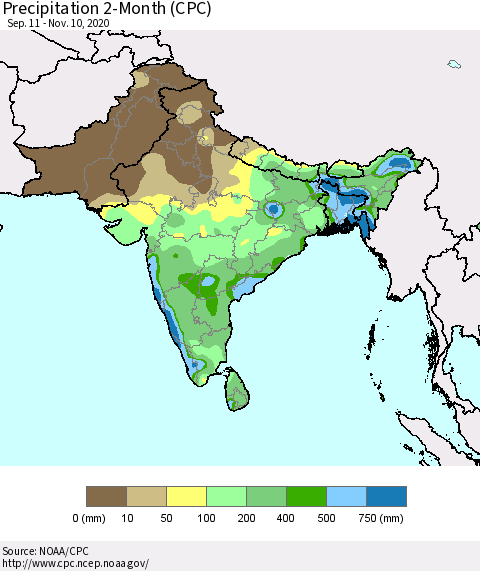 Southern Asia Precipitation 2-Month (CPC) Thematic Map For 9/11/2020 - 11/10/2020
