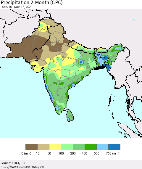 Southern Asia Precipitation 2-Month (CPC) Thematic Map For 9/16/2020 - 11/15/2020