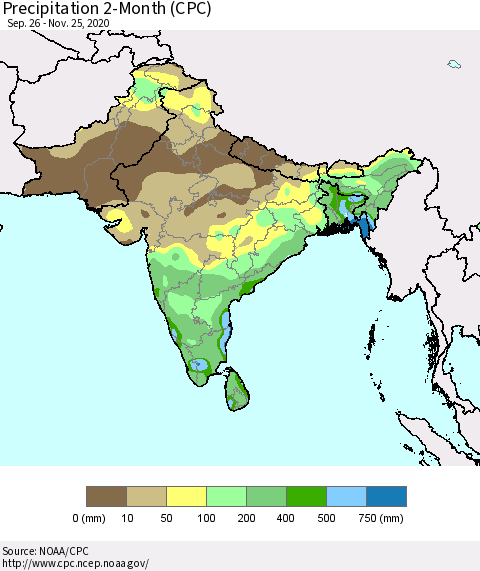 Southern Asia Precipitation 2-Month (CPC) Thematic Map For 9/26/2020 - 11/25/2020