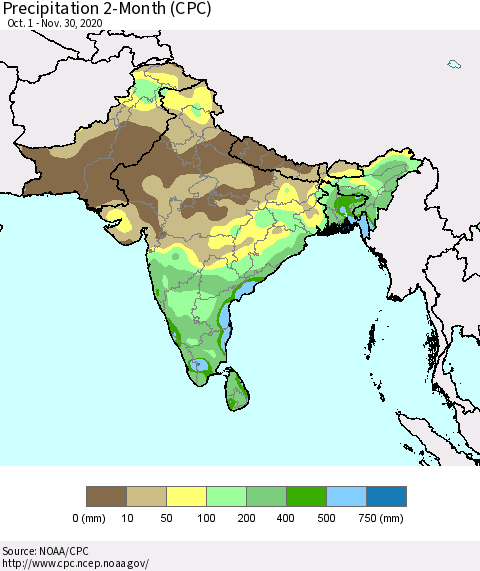 Southern Asia Precipitation 2-Month (CPC) Thematic Map For 10/1/2020 - 11/30/2020