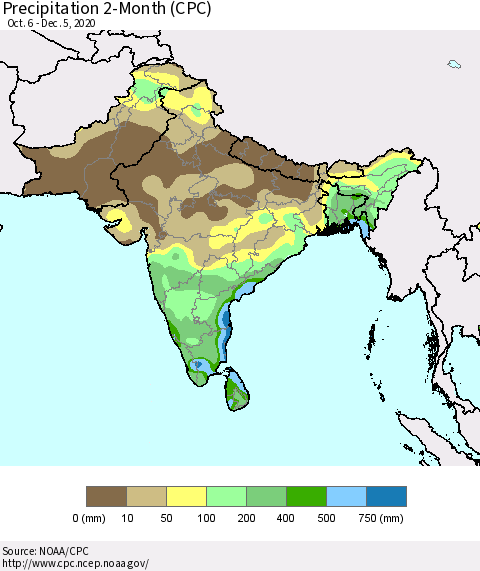 Southern Asia Precipitation 2-Month (CPC) Thematic Map For 10/6/2020 - 12/5/2020