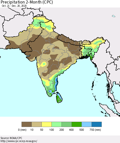 Southern Asia Precipitation 2-Month (CPC) Thematic Map For 10/21/2020 - 12/20/2020