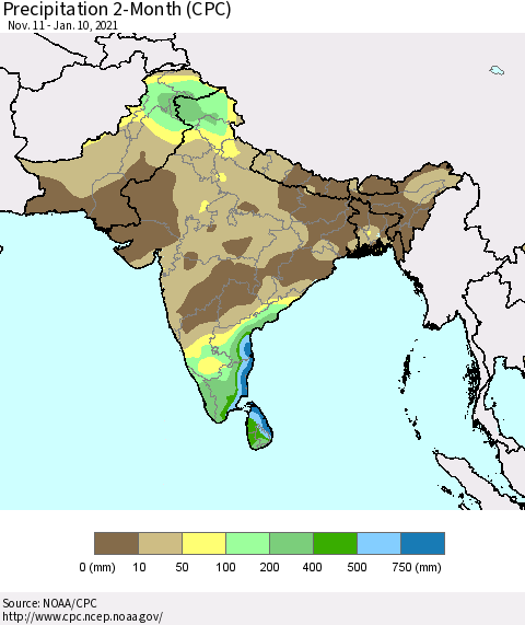 Southern Asia Precipitation 2-Month (CPC) Thematic Map For 11/11/2020 - 1/10/2021