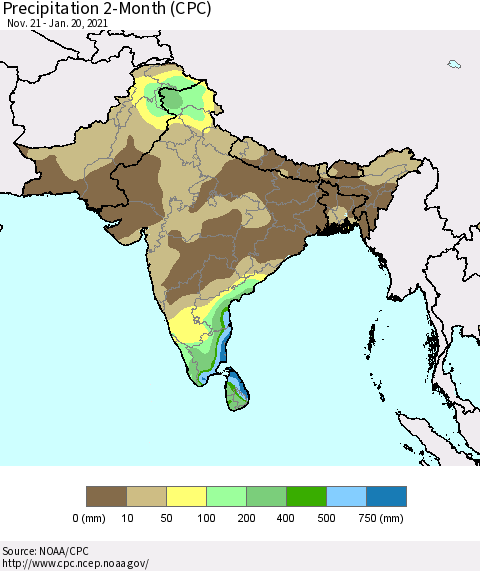 Southern Asia Precipitation 2-Month (CPC) Thematic Map For 11/21/2020 - 1/20/2021