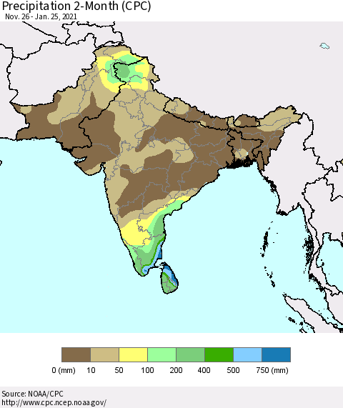 Southern Asia Precipitation 2-Month (CPC) Thematic Map For 11/26/2020 - 1/25/2021