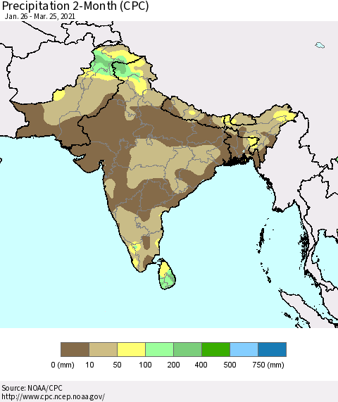 Southern Asia Precipitation 2-Month (CPC) Thematic Map For 1/26/2021 - 3/25/2021