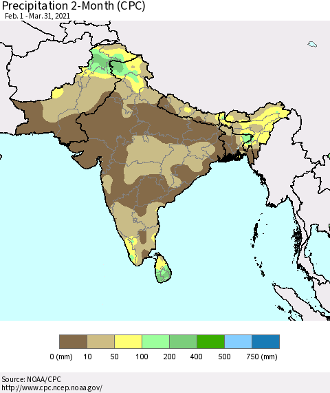 Southern Asia Precipitation 2-Month (CPC) Thematic Map For 2/1/2021 - 3/31/2021
