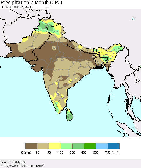 Southern Asia Precipitation 2-Month (CPC) Thematic Map For 2/16/2021 - 4/15/2021