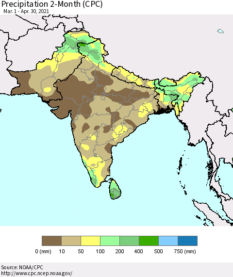 Southern Asia Precipitation 2-Month (CPC) Thematic Map For 3/1/2021 - 4/30/2021
