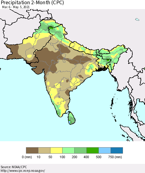 Southern Asia Precipitation 2-Month (CPC) Thematic Map For 3/6/2021 - 5/5/2021