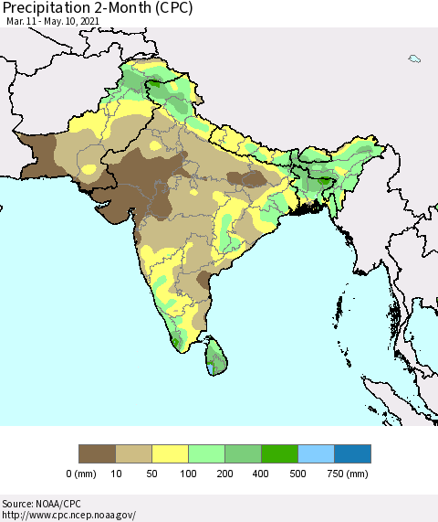 Southern Asia Precipitation 2-Month (CPC) Thematic Map For 3/11/2021 - 5/10/2021