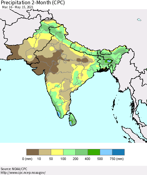 Southern Asia Precipitation 2-Month (CPC) Thematic Map For 3/16/2021 - 5/15/2021