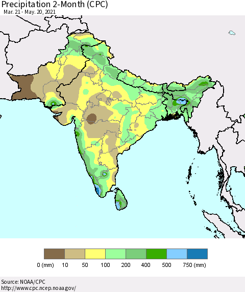 Southern Asia Precipitation 2-Month (CPC) Thematic Map For 3/21/2021 - 5/20/2021