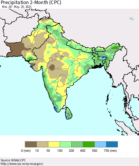 Southern Asia Precipitation 2-Month (CPC) Thematic Map For 3/26/2021 - 5/25/2021