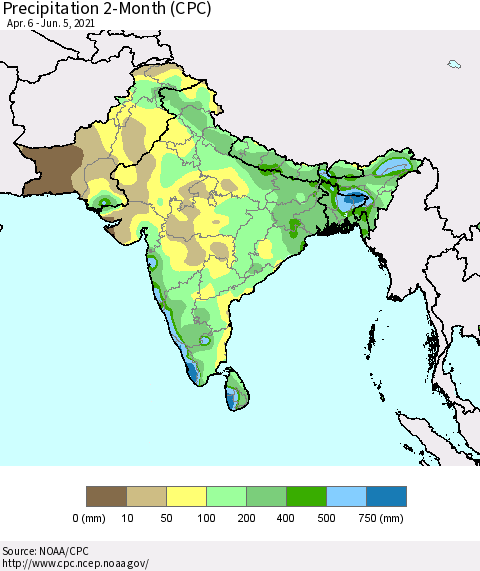 Southern Asia Precipitation 2-Month (CPC) Thematic Map For 4/6/2021 - 6/5/2021