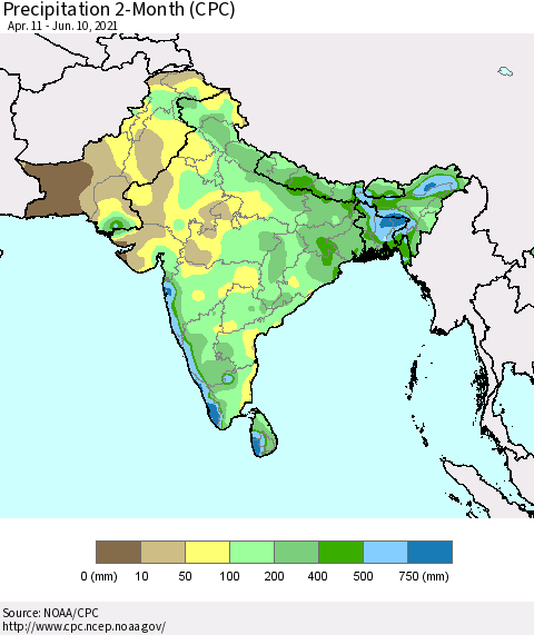 Southern Asia Precipitation 2-Month (CPC) Thematic Map For 4/11/2021 - 6/10/2021