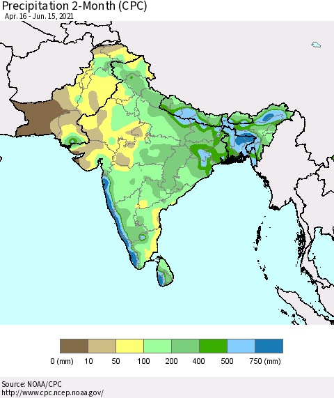 Southern Asia Precipitation 2-Month (CPC) Thematic Map For 4/16/2021 - 6/15/2021