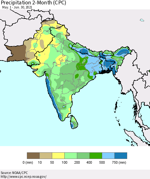 Southern Asia Precipitation 2-Month (CPC) Thematic Map For 5/1/2021 - 6/30/2021