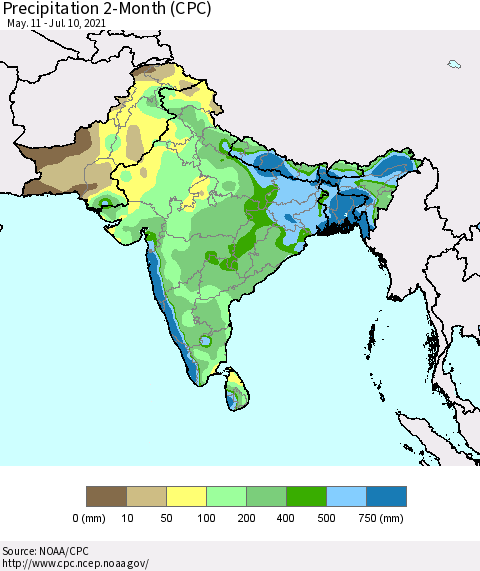 Southern Asia Precipitation 2-Month (CPC) Thematic Map For 5/11/2021 - 7/10/2021