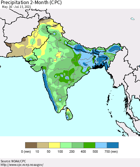 Southern Asia Precipitation 2-Month (CPC) Thematic Map For 5/16/2021 - 7/15/2021