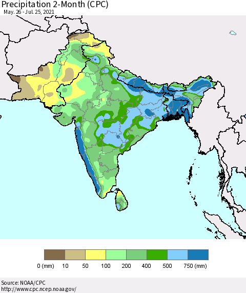 Southern Asia Precipitation 2-Month (CPC) Thematic Map For 5/26/2021 - 7/25/2021