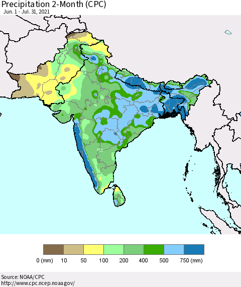 Southern Asia Precipitation 2-Month (CPC) Thematic Map For 6/1/2021 - 7/31/2021