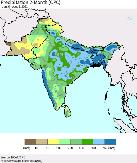 Southern Asia Precipitation 2-Month (CPC) Thematic Map For 6/6/2021 - 8/5/2021
