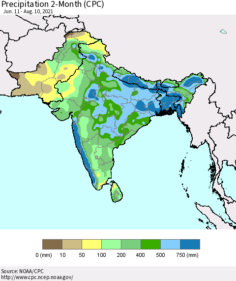 Southern Asia Precipitation 2-Month (CPC) Thematic Map For 6/11/2021 - 8/10/2021