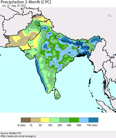 Southern Asia Precipitation 2-Month (CPC) Thematic Map For 6/21/2021 - 8/20/2021