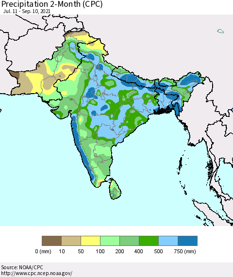 Southern Asia Precipitation 2-Month (CPC) Thematic Map For 7/11/2021 - 9/10/2021