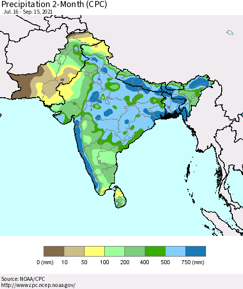 Southern Asia Precipitation 2-Month (CPC) Thematic Map For 7/16/2021 - 9/15/2021