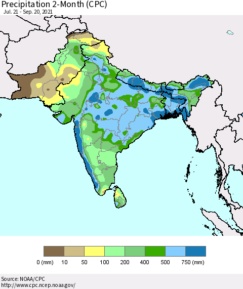 Southern Asia Precipitation 2-Month (CPC) Thematic Map For 7/21/2021 - 9/20/2021