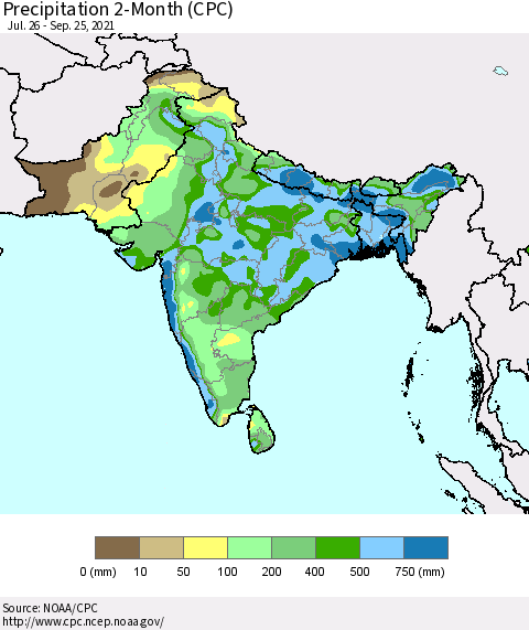 Southern Asia Precipitation 2-Month (CPC) Thematic Map For 7/26/2021 - 9/25/2021