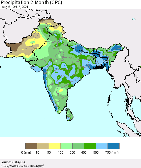 Southern Asia Precipitation 2-Month (CPC) Thematic Map For 8/6/2021 - 10/5/2021