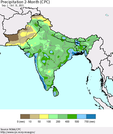 Southern Asia Precipitation 2-Month (CPC) Thematic Map For 9/1/2021 - 10/31/2021