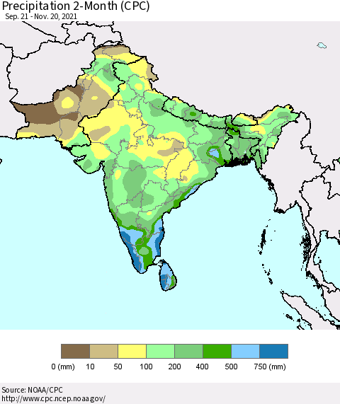 Southern Asia Precipitation 2-Month (CPC) Thematic Map For 9/21/2021 - 11/20/2021