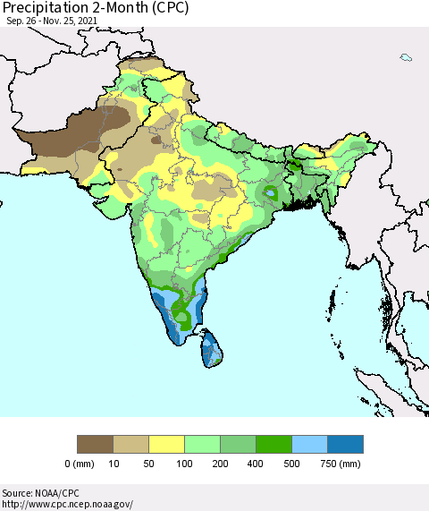 Southern Asia Precipitation 2-Month (CPC) Thematic Map For 9/26/2021 - 11/25/2021