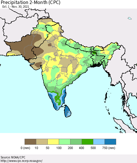 Southern Asia Precipitation 2-Month (CPC) Thematic Map For 10/1/2021 - 11/30/2021